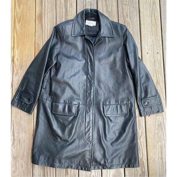 Carina New York Women’s Black Collared Button Long Leather Coat Size Medium - Picture 5 of 16